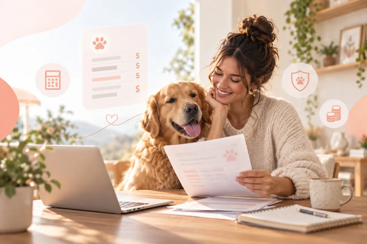 Owner reviewing documents beside a dog and laptop